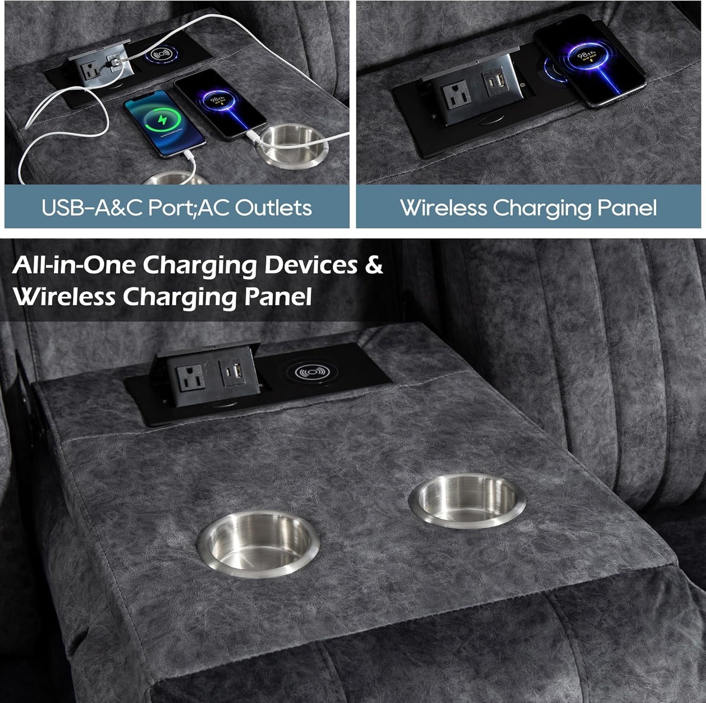 Zero Gravity Power Reclining Sofa with Adjustable Headrest, Electric Reclining Couch with Wireless Charge, Power Recliner Sofa Couch with Drop down Table,Cup Holder,Usb Ports (Grey)