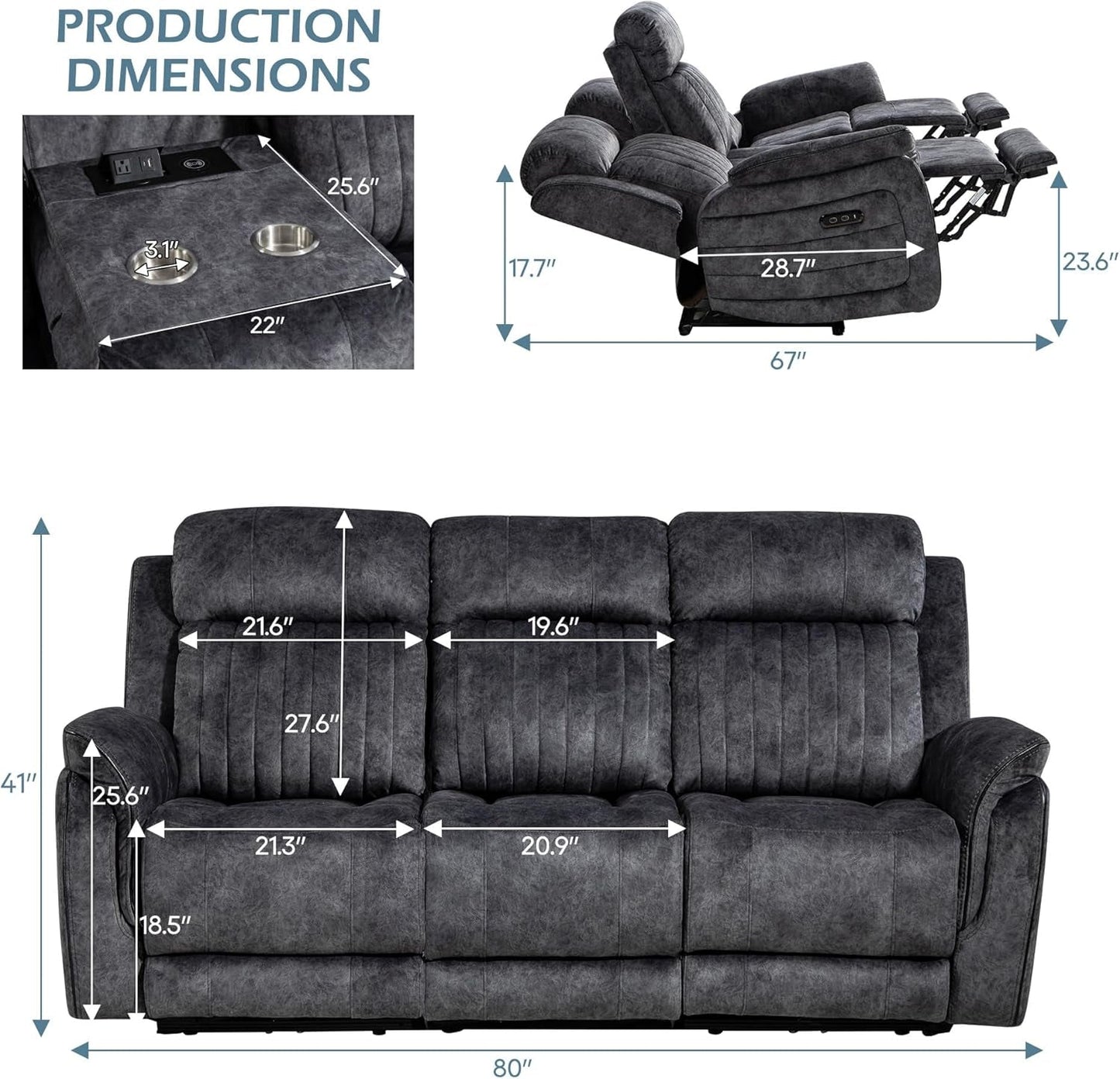 Zero Gravity Power Reclining Sofa with Adjustable Headrest, Electric Reclining Couch with Wireless Charge, Power Recliner Sofa Couch with Drop down Table,Cup Holder,Usb Ports (Grey)